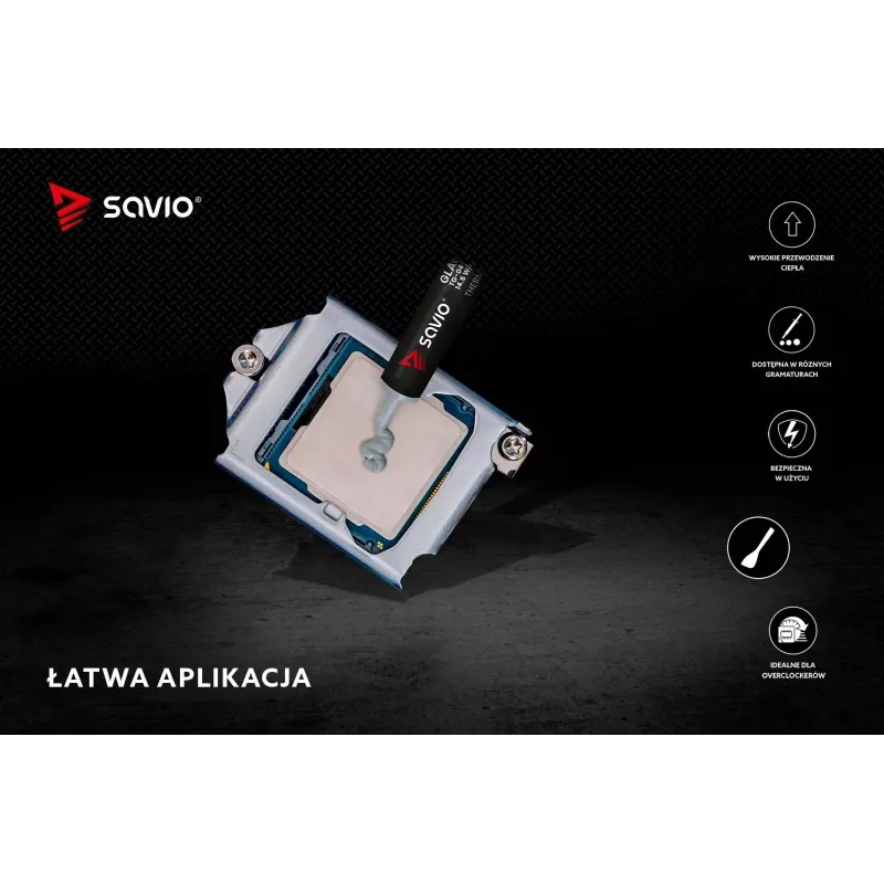 Thermal paste SAVIO TG-04 4 g — thermal conductivity 14.5 W/m·K, operating temperature -250 to 300 °C, grey