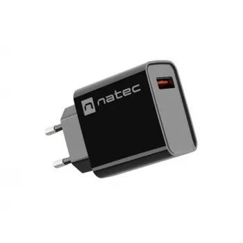 NATEC AC fast charging indoor wired charger Ribera — 18W (5–15V, up to 3A), 1× USB-A, Huawei FCP/SCP, black