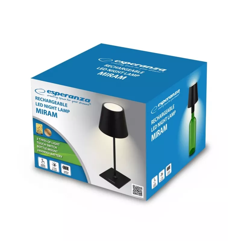 Table LED Desk Lamp ESPERANZA ELD119K Black — 3W, 4000K, 200 lm, USB-C, 2400 mAh battery, 400 mm height