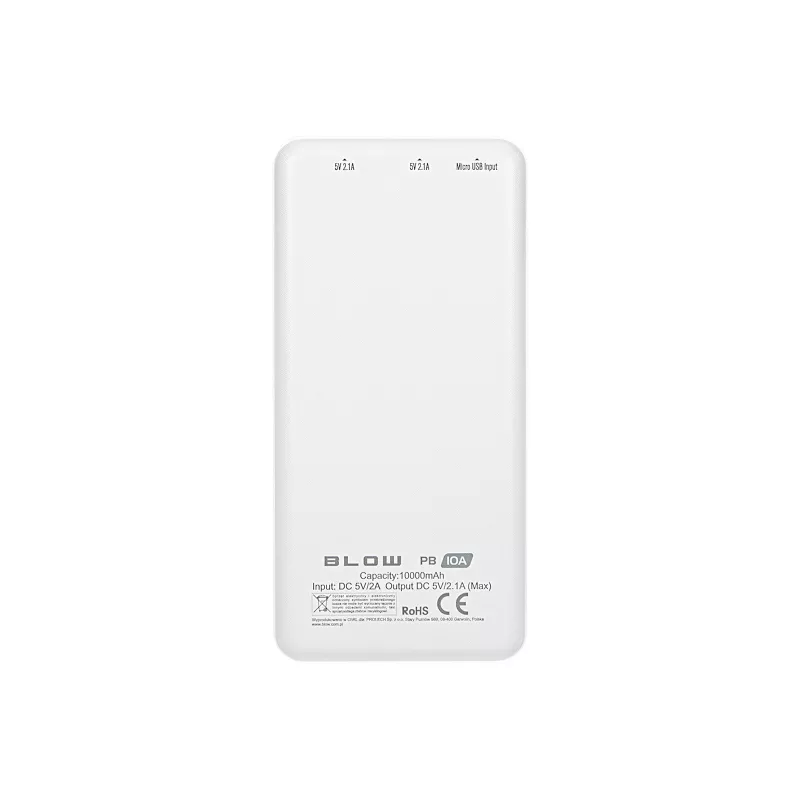 Blow PB10A power bank 10000 mAh, 2x USB (1A + 2.1A), micro USB input, Li-Po, white