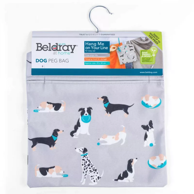 Laundry Peg Bag Beldray LA032005DFEU7 with Dog Print, Wall-Mounted Fabric Peg Storage