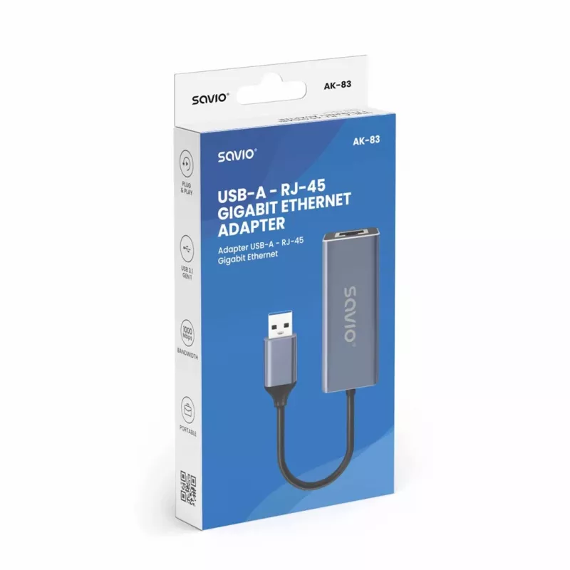 Network interface adapter SAVIO AK-83 USB Type-A to RJ-45 male, 5 Gbit/s, black