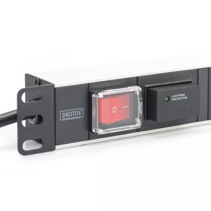 DIGITUS 1U Aluminum PDU with 7 Safety Outlets, 2m Cable, Switch, Surge Protection