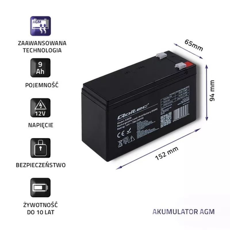 Uninterruptible Power Supply battery QOLTEC 53031 12V 9Ah green, 152×94×65 mm, 2.35 kg