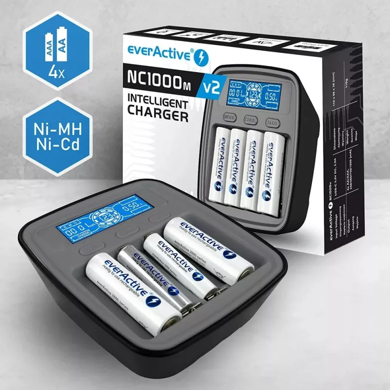Battery charger everActive NC1000MV2 — Ni‑MH 4‑slot USB‑C charger, 4 cells, 5V, black, 110×99×38 mm
