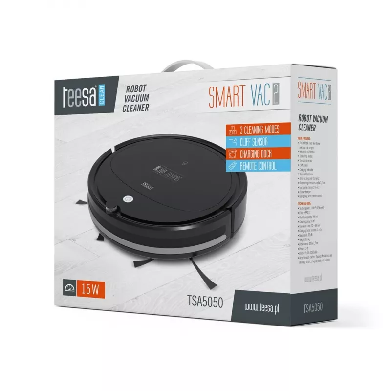 Robot vacuum cleaner TEESA Smart VAC 2 — round, black, 1000 Pa suction, 9.6V/2000mAh Li battery, 0.2 L dust box, Wi‑Fi, automatic return