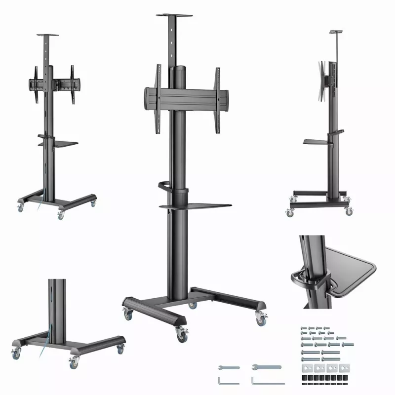 Floor TV stand Gembird TVS-70T-02 for 37 inch–70 inch screens, max 70 kg, VESA 200x200–600x400, tilt ±5°/−12°, height adjustable, caster wheels, cable management