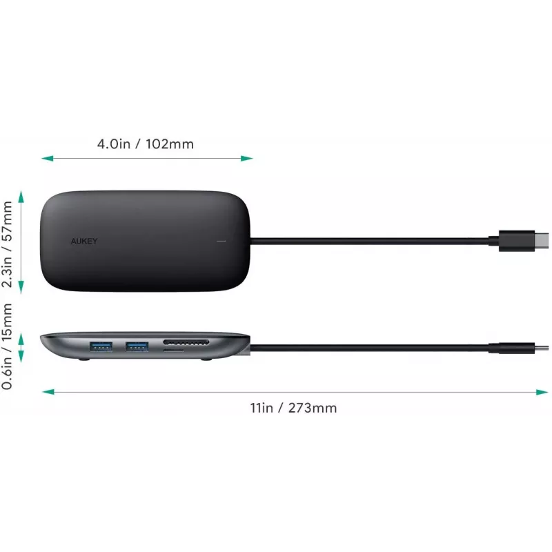 Laptop dock AUKEY CB-C71 — 3x USB‑C (USB 3.2 Gen1), HDMI, RJ‑45, MicroSD, USB PD 100W, 0.15 m cable, black