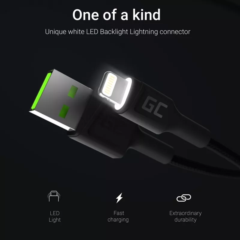 Lightning to USB-A cable Green Cell KABGC12, 2 m, Lightning – USB A, Black