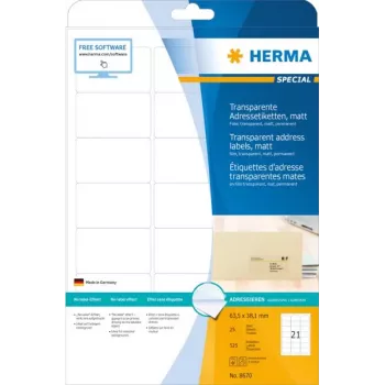 Address labels HERMA transparent matt A4 63.5x38.1 mm round corners film 525 pcs