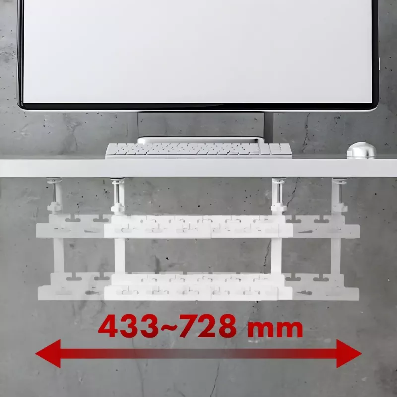 Under-desk cable organizer MACLEAN MC-102W — steel under-desk mount, adjustable length, fits 0.5–5 cm desks, load 5 kg, white