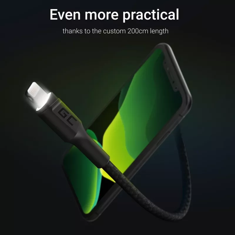 Lightning to USB-A cable Green Cell KABGC12, 2 m, Lightning – USB A, Black