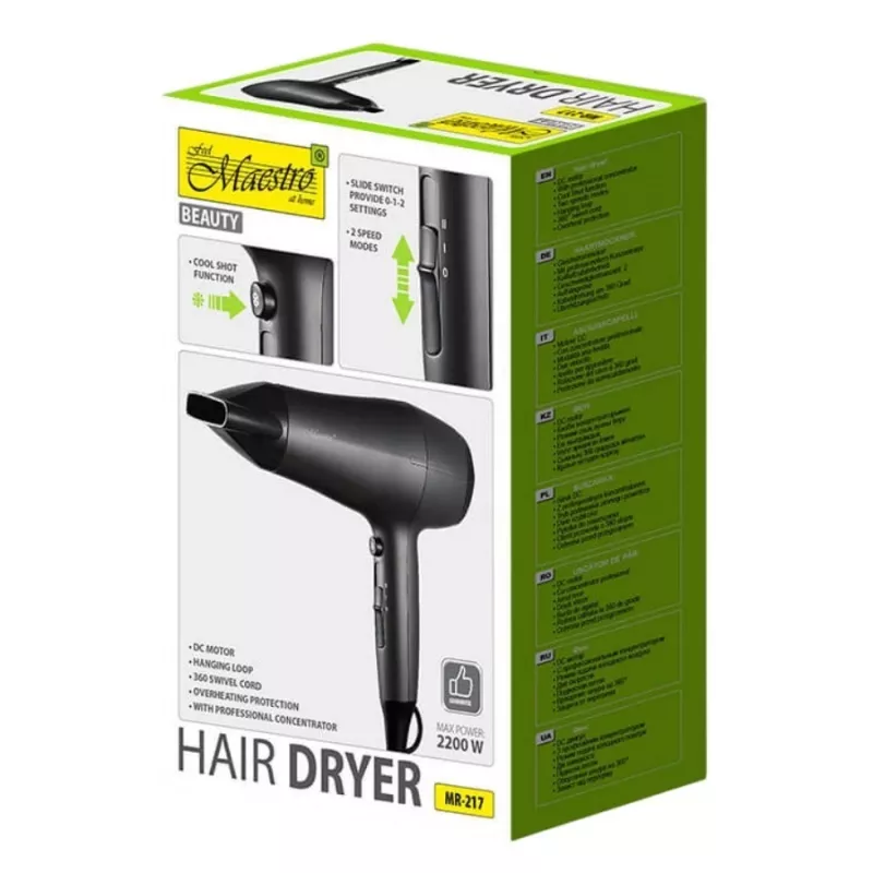 Hair dryer Maestro MR-217 2200 W, DC motor, 2 speeds, cool shot, concentrator nozzle, black graphite