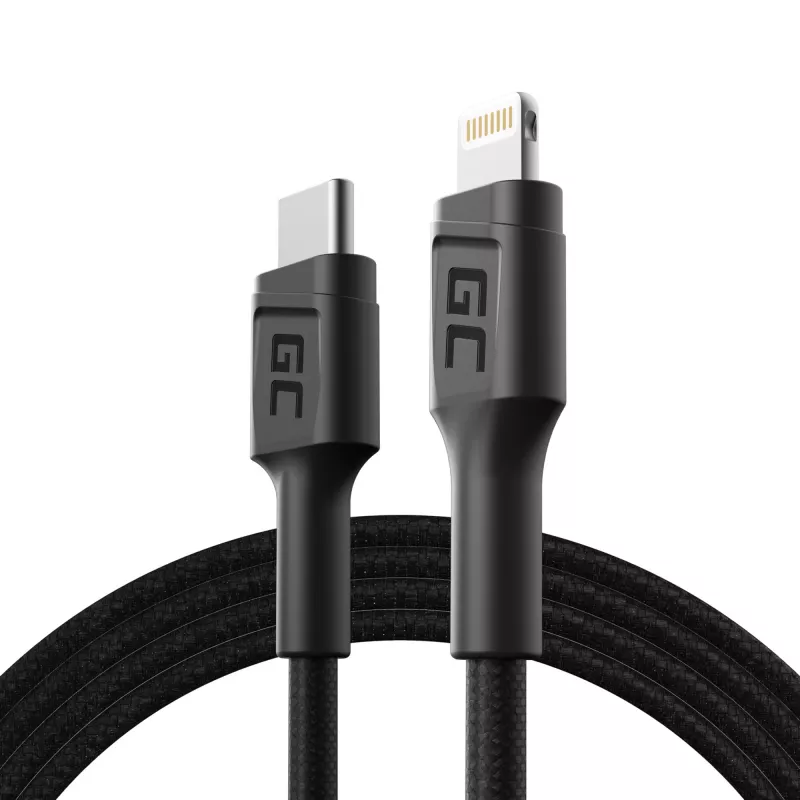 Lightning to USB‑C cable Green Cell KABGC07, 1 m, black, Lightning (male) to USB‑C (male), 480 Mbps
