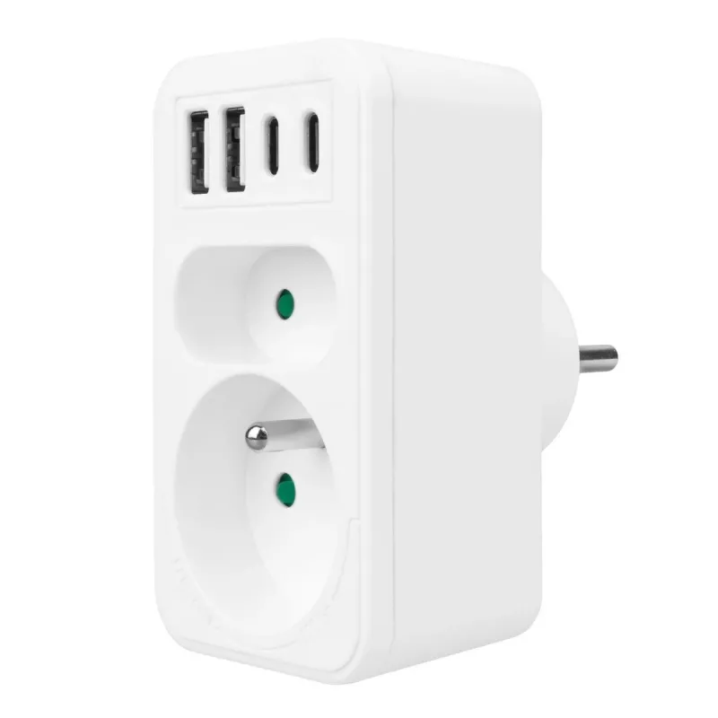 Power splitter MACLEAN MCE249 F/W — 2x mains sockets (16A + 6A) and 4x USB (2x A, 2x C PD 20W)