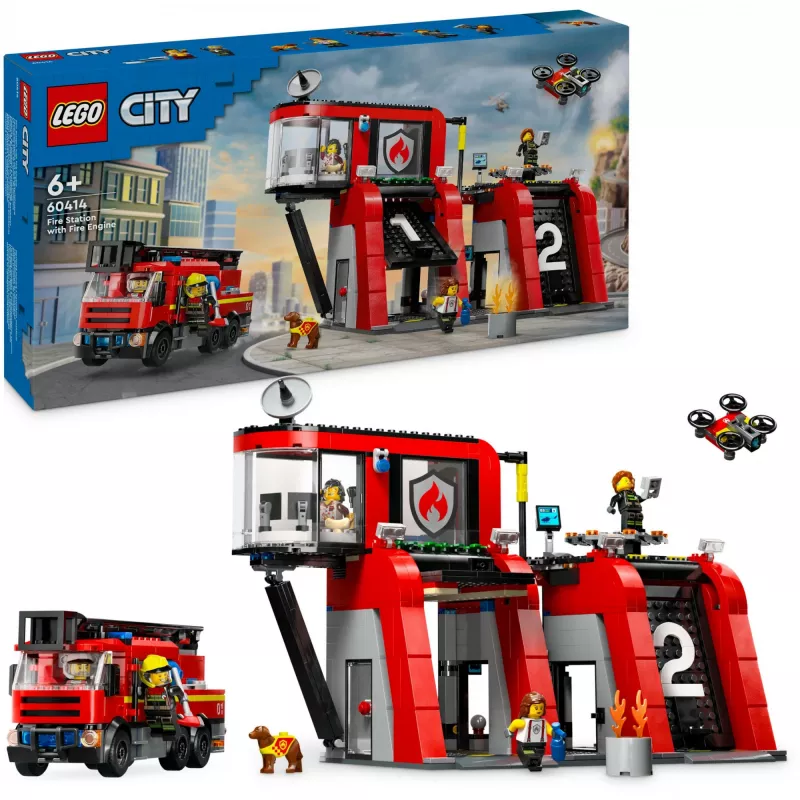 Construction Toy LEGO City Fire Station with Turntable Ladder Vehicle 60414 — 843 pieces, 5 minifigures, 220×320×140 mm