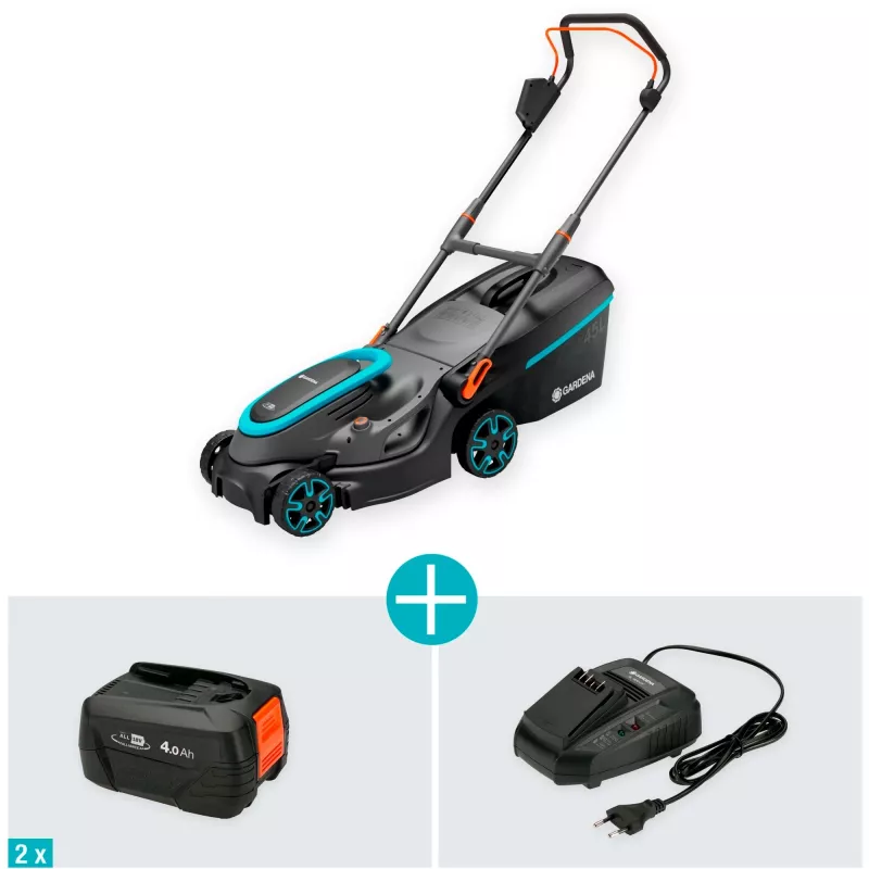Battery-Lawn Mower PowerMax 37/36V P4A Ready-To-Use Set, 36Volt (2x18V) (black/Grey, 2x Li-Ion Battery 4,0Ah, POWER FOR ALL ALLIANCE)