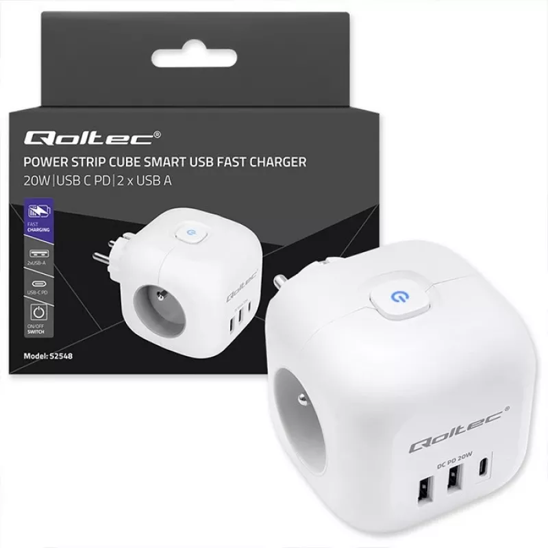 Power strip QOLTEC 52548 with 3×AC sockets and USB port