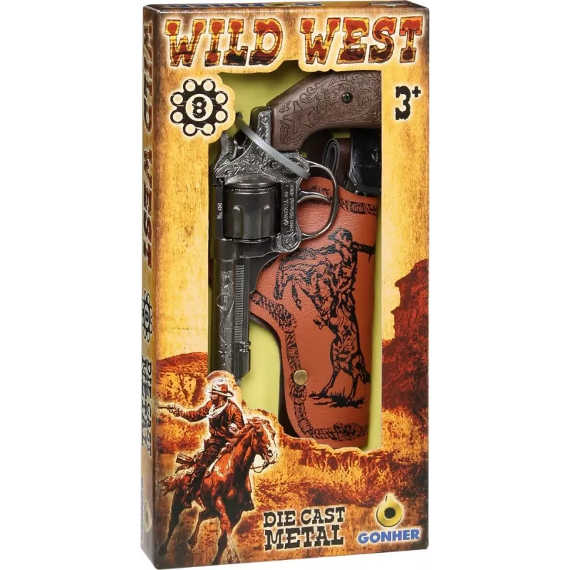 Toy metal cowboy revolver Pulio 155201/0 with holster — single-shot replica, metal construction