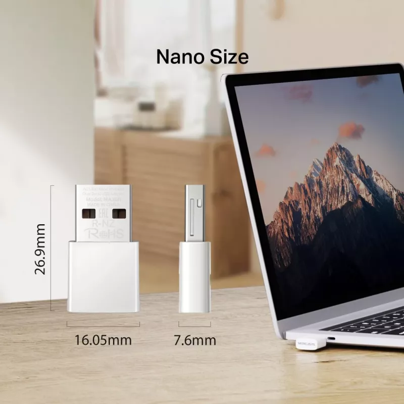 Network USB Adapter MERCUSYS MA30N — Dual‑band Wi‑Fi (2.4/5 GHz), 400/867 Mbps, USB 2.0, Internal Antenna, White