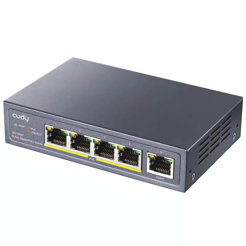 Network switch Cudy GS1005P — 5-port Gigabit Ethernet with 4 PoE ports, 60W total, metal housing, rack mountable