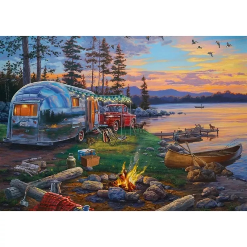 Jigsaw Puzzle schmidt spiele 58533 — 1000 pieces, 'Camping idyll by the lake' scenic illustration