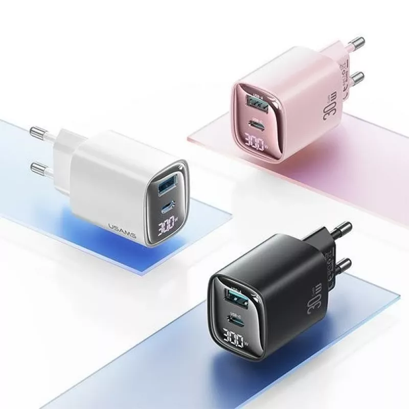 USB and USB-C 30W GaN Fast Charger usams CC229 White — LED indicator, compact design