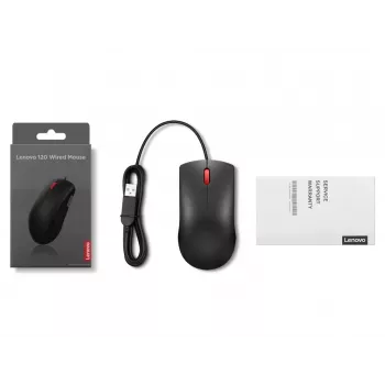 Wired USB-A mouse Lenovo 120 — Black, ambidextrous, 1600 DPI, 3 buttons, 1.5 m cable