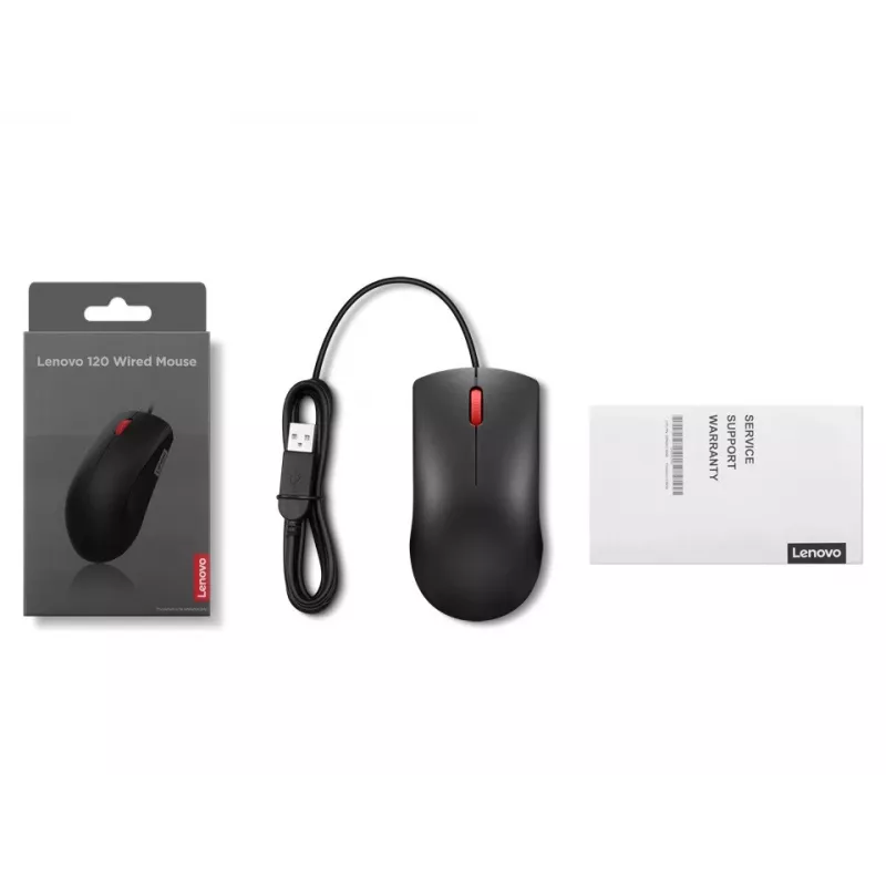 Wired USB-A mouse Lenovo 120 — Black, ambidextrous, 1600 DPI, 3 buttons, 1.5 m cable