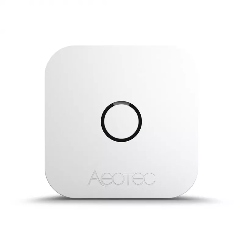 Indoor temperature and humidity sensor AEOTEC AEOEZWA039 — freestanding, battery-powered, 34×34×17 mm