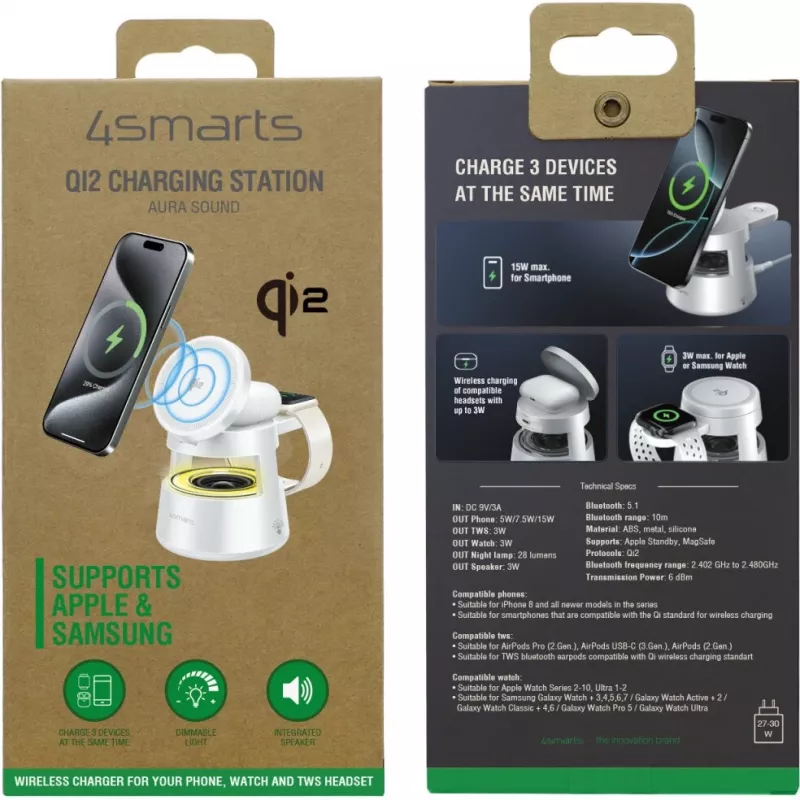 Wireless Charger 4smarts Qi2 Aura Sound White – Qi2 fast wireless charging, integrated speaker