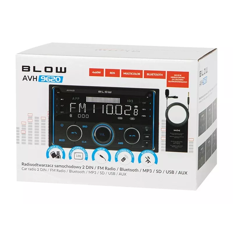 2DIN car radio BLOW AVH-9620 double-DIN in-dash head unit with Bluetooth 5.0, USB Type-A, 2.8 inch display, 4×60W RMS