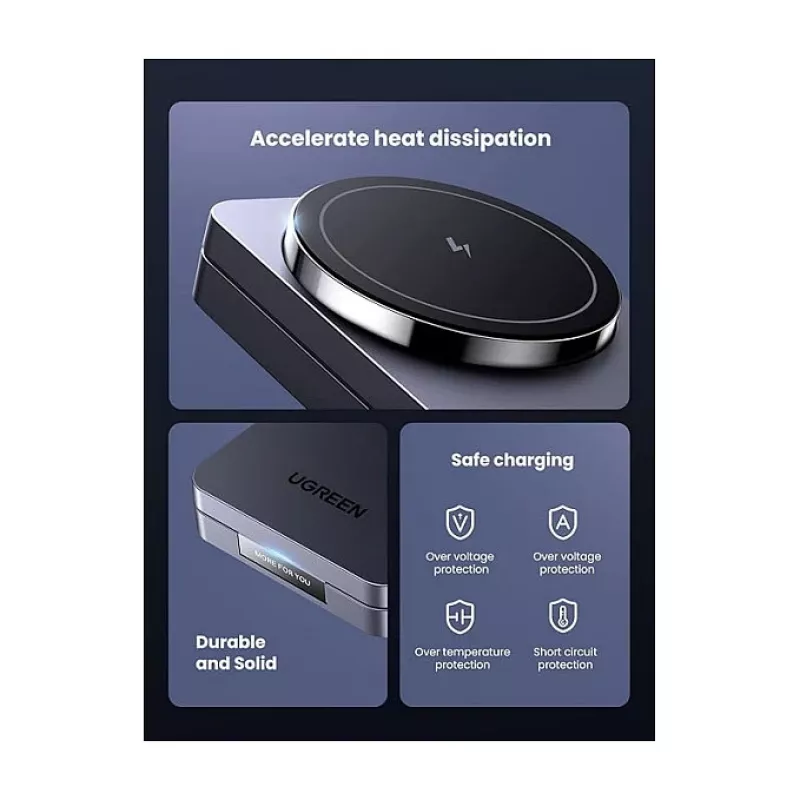 UGREEN indoor AC wireless charger for headphones and smartphones W528, grey, short-circuit and under-voltage protection