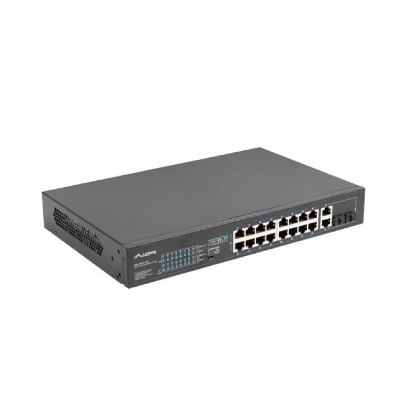 Unmanaged switch LANBERG RSFE-16P-2C-250 — 18-port Gigabit, 16x PoE+ (30W), 2x SFP, 250W, 1U, metal, rack-mount