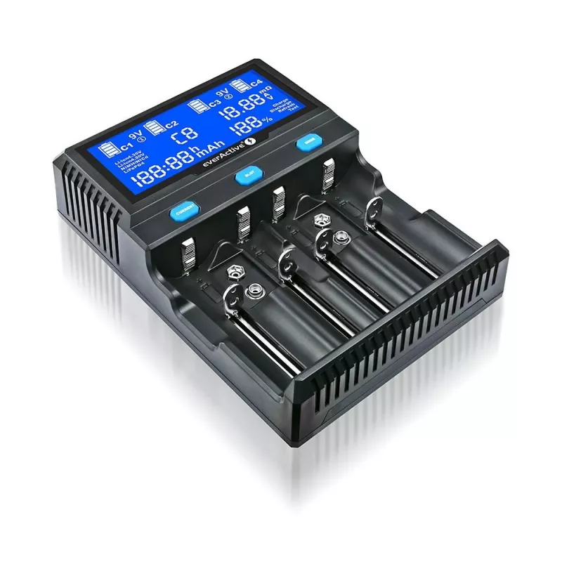 everActive UC-4200 Universal AC Battery Charger 12V 3A, supports AA/AAA/C/9V, 4 cells, black, built-in display