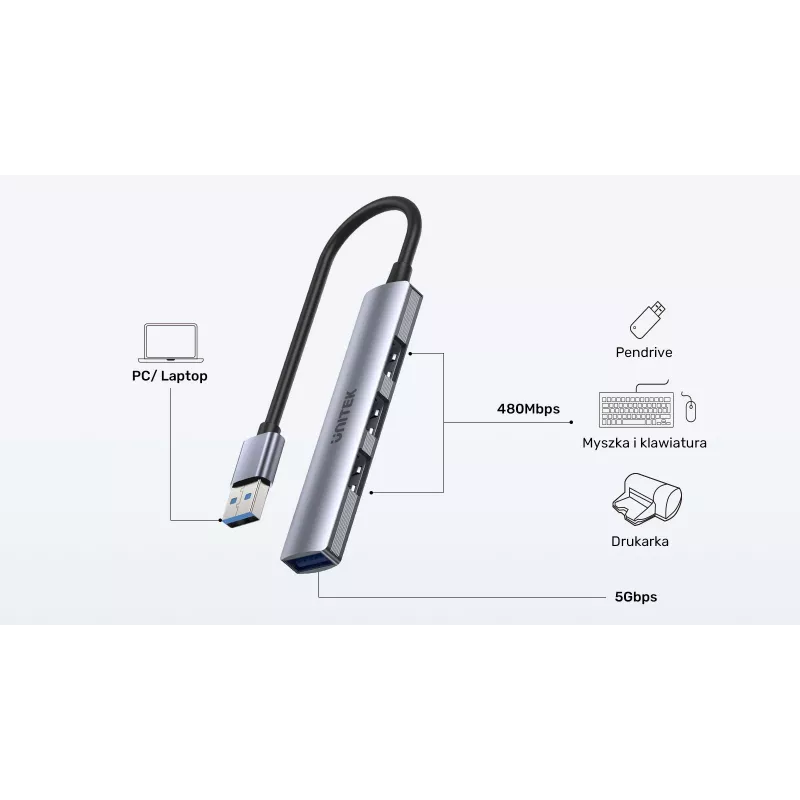 Unitek H1208A USB-A Hub, 4 Ports (1x USB-A 5 Gbps, 3x USB-A 2.0), Aluminium, Silver