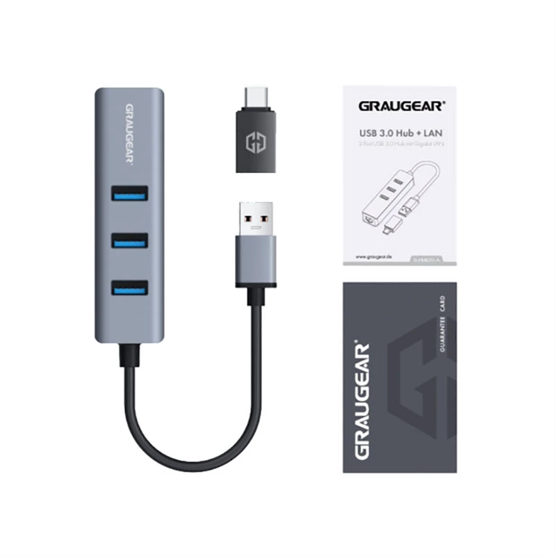GRAUGEAR USB Hub G-HUB31L-A — USB 3.2 Gen 1 Type-A host, 3x USB 3.2 Gen 1 Type-A ports + RJ-45, 5000 Mbit/s