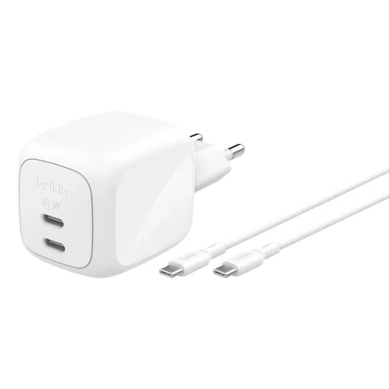 Indoor AC fast charger Belkin WCH020KQ2MWH-B6 — 2x USB‑C, 2 m integrated cable, white
