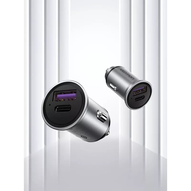 Vention Two-Port USB A+A(30+30) Car Charger Gray Mini Style Aluminium Alloy Type