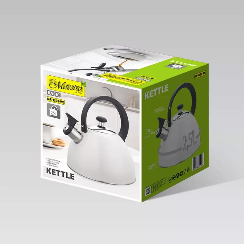 Electric kettle Maestro MR-1302-WG 2.5 L, stainless steel housing, white, hinged whistle