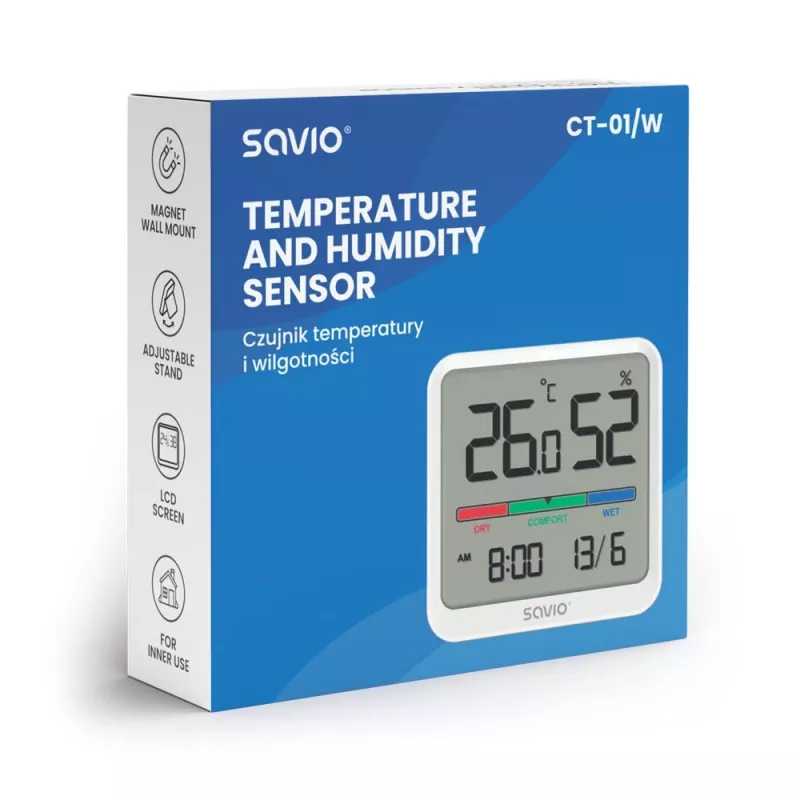 Indoor temperature and humidity sensor SAVIO CT-01/W, LCD display, -10–55°C, 10–99%RH, battery CR2032
