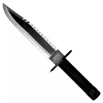 Fixed-blade survival knife cinema classic Rambo I CC-H1 — 360 mm overall, 225 mm serrated steel blade, black leather scabbard