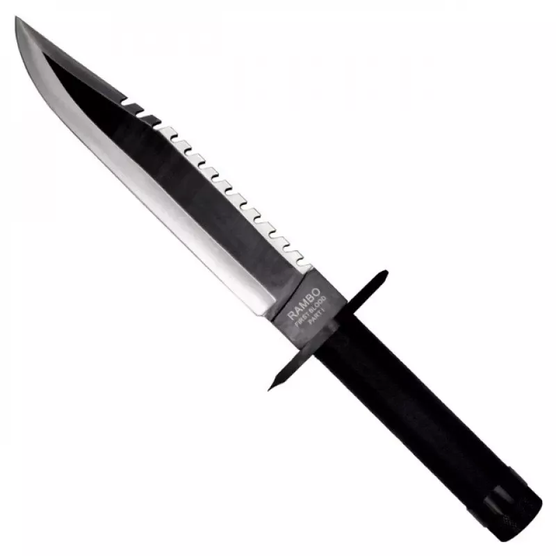 Fixed-blade survival knife cinema classic Rambo I CC-H1 — 360 mm overall, 225 mm serrated steel blade, black leather scabbard