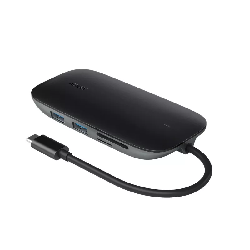 Laptop dock AUKEY CB-C71 — 3x USB‑C (USB 3.2 Gen1), HDMI, RJ‑45, MicroSD, USB PD 100W, 0.15 m cable, black