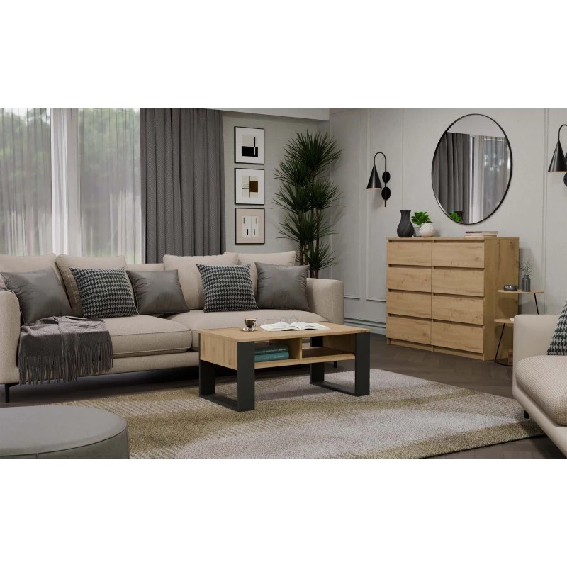 Coffee table top e shop Modern 90×58×50 cm, anthracite frame, Artisan oak shelves, matte