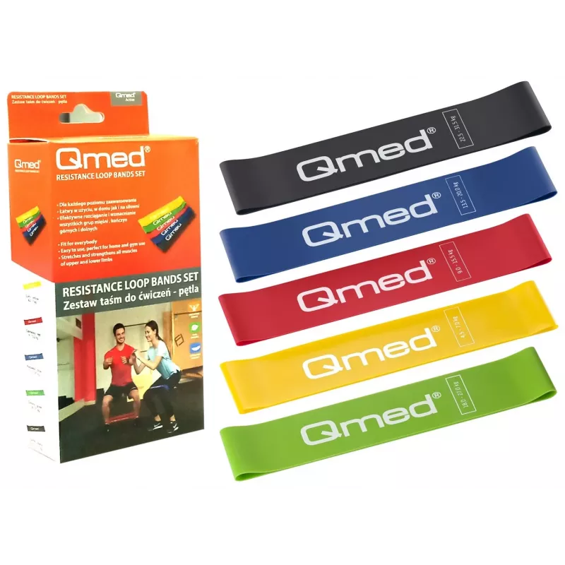 Resistance Exercise Band Set MDH DRQM3MYYSETP — 5 loop bands (50 cm length), latex, widths 5 cm, loads 4.5–31.5 kg