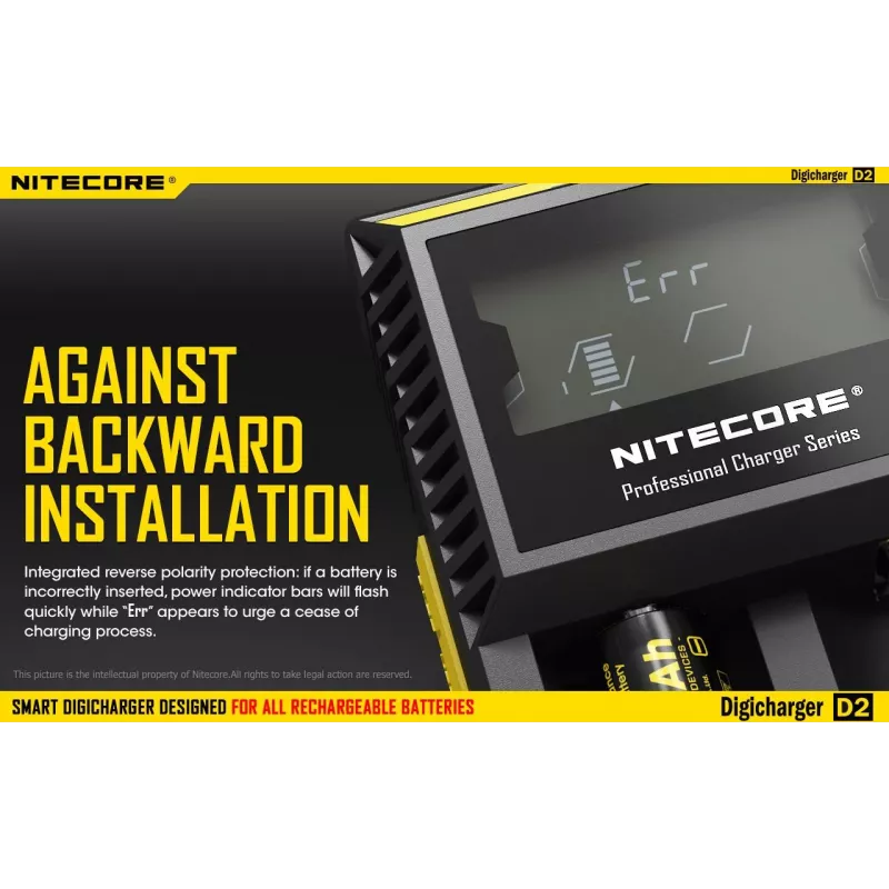 Battery charger Nitecore D2 — 2‑slot charger for AA/AAA/AAAA/C batteries, 100–240V input, 4.2V output, black