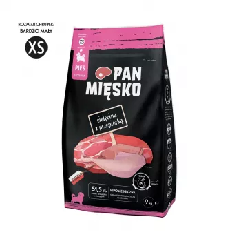Dry puppy food Pan Miesko Veal with Quail XS 9 kg — Junior Small Breed, 30% Protein, 20% Fat