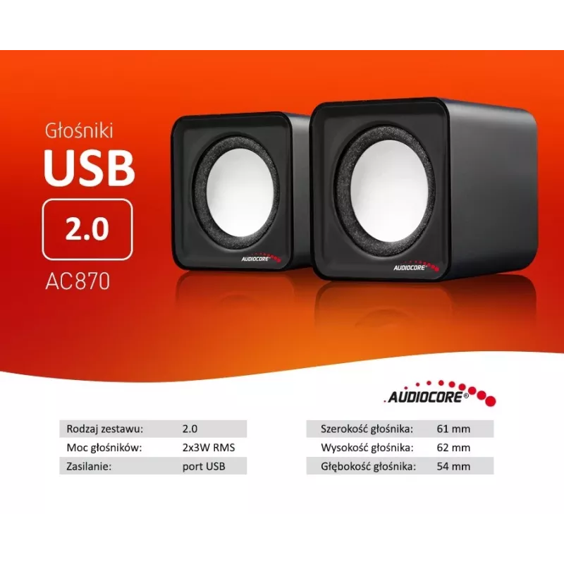 2-way PC Speaker Audiocore AC870 B — 3 W RMS, wired USB power, 3.5 mm input, 2.0 channels