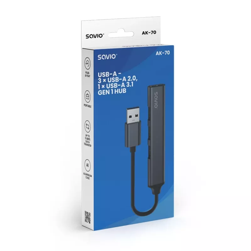 USB hub SAVIO AK-70, 7-port USB 3.0, 4 usable ports, USB Type-A host, 5 Gbit/s transfer, warranty 2 years